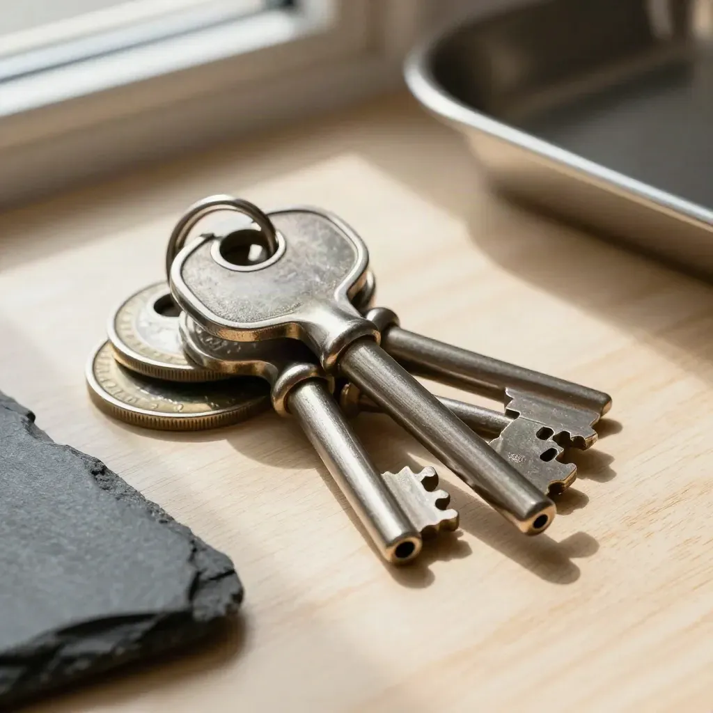 Brushed vault keys, coin weights, and slate tally puck on pale oak in soft light