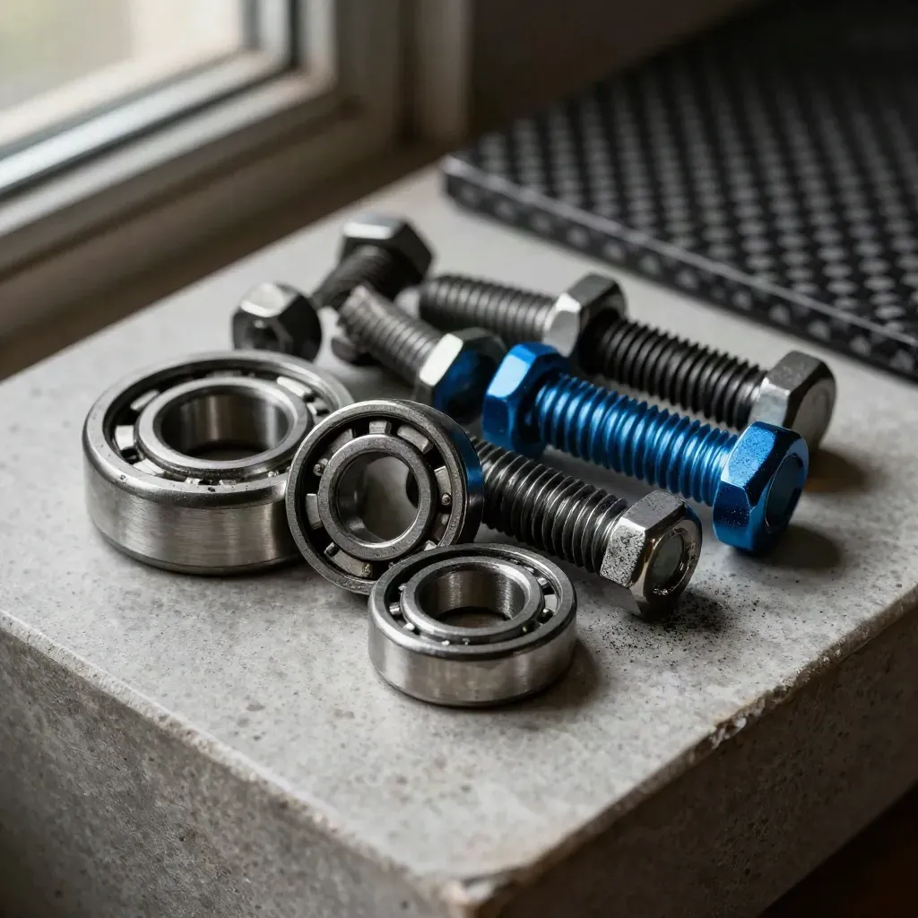 Macro cluster of bearing races, hex bolts and carbon-fibre sample on pale stone with cyan accent