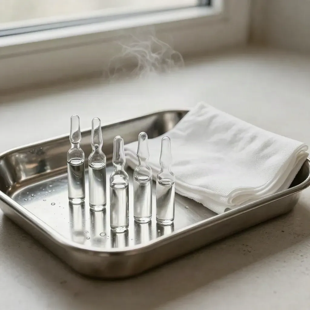 Surgical tray, glass ampoules and gauze in a calm premium medical still life on pale stone.