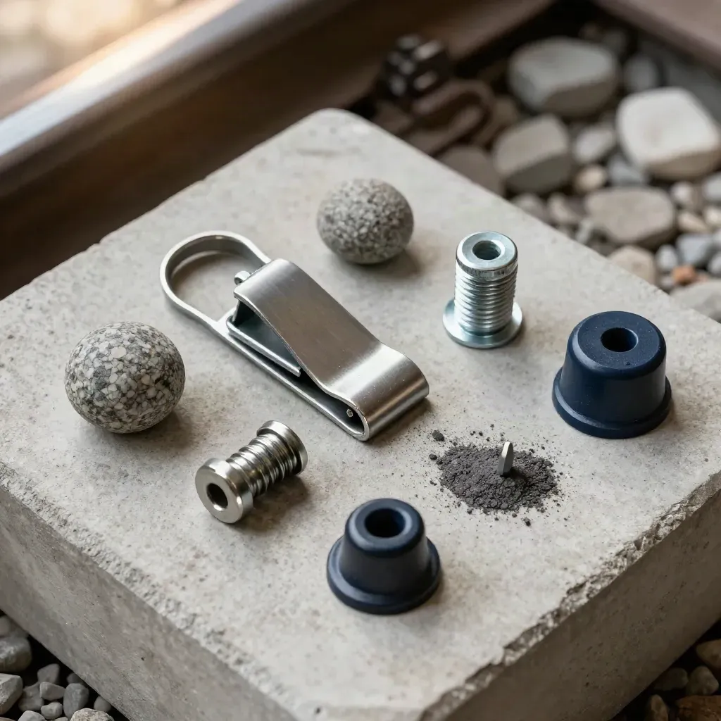 Top-down macro flat lay of rail fasteners, a steel track clip, and granite ballast on pale concrete.