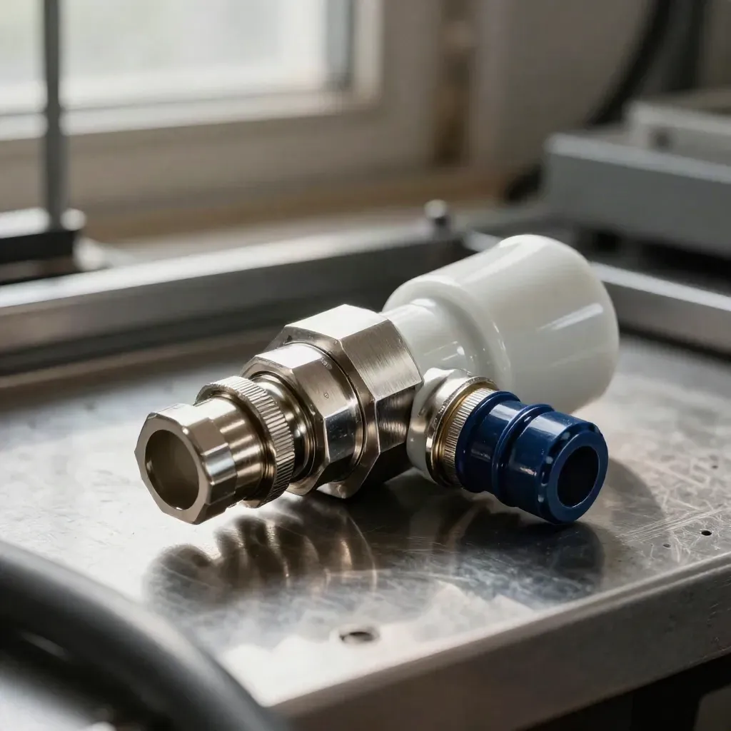 Connector sleeve half-seated among ceramic insulators and ferrules on brushed metal