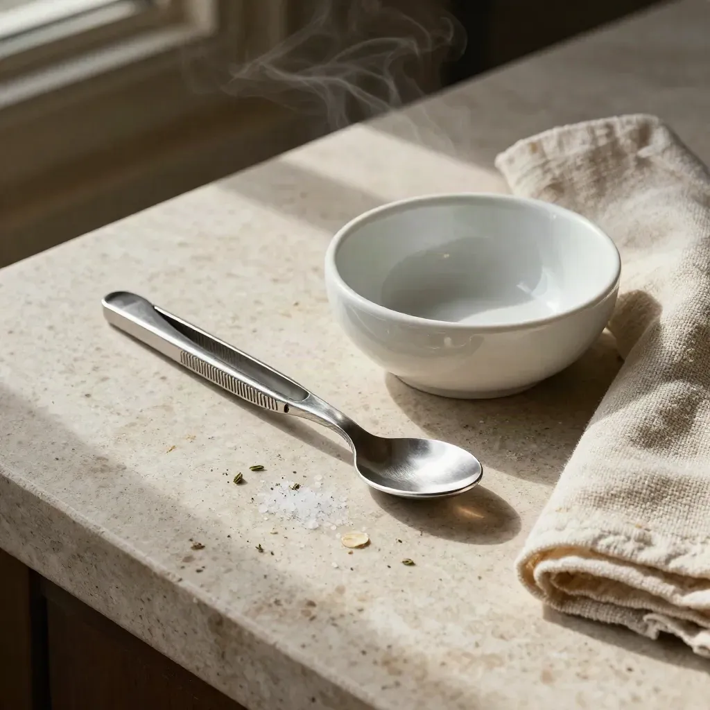 Chef tools and a tasting spoon beside a ceramic bowl on pale stone, with steam and linen texture.