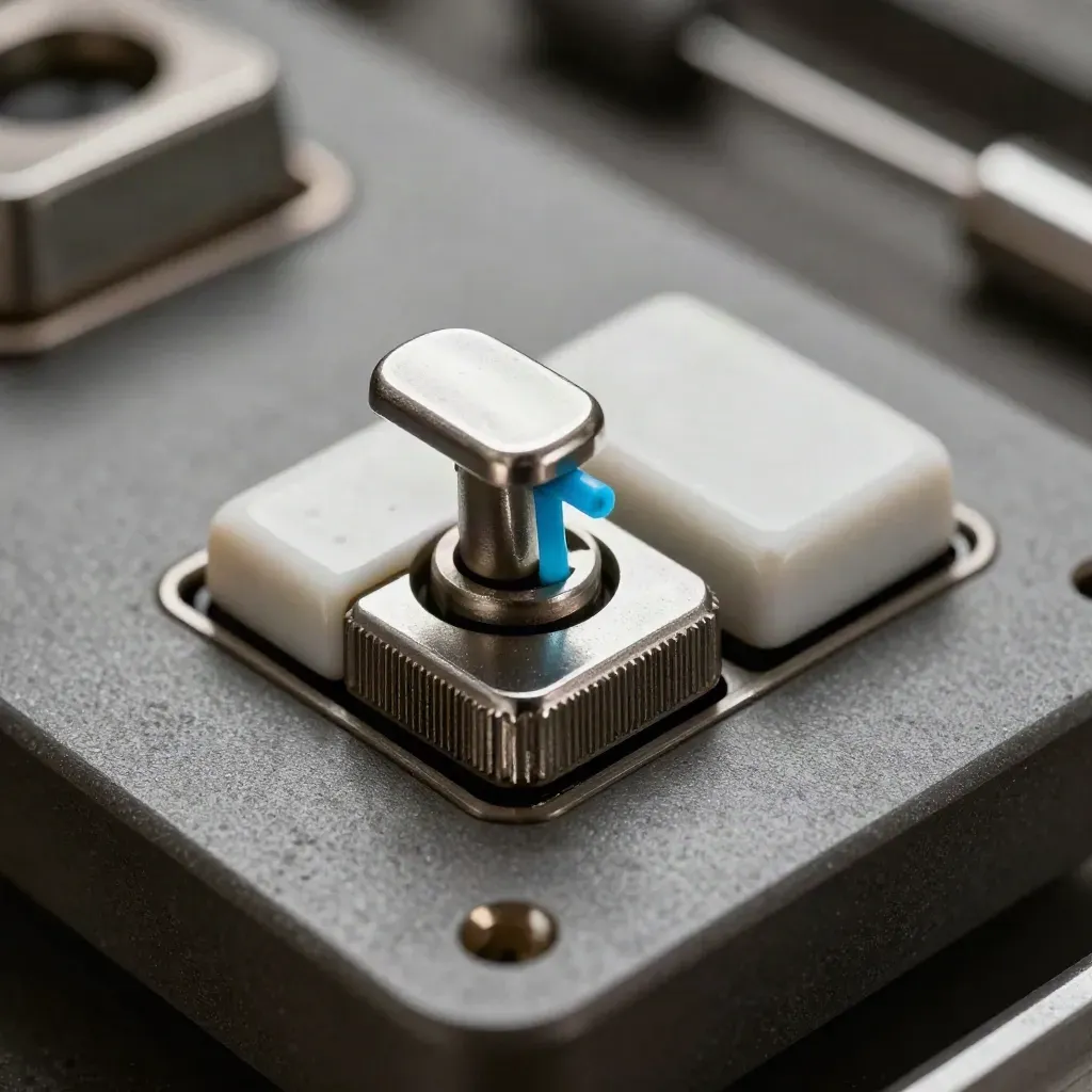 Macro of selector toggles and ceramic index blocks on a graphite workplate.