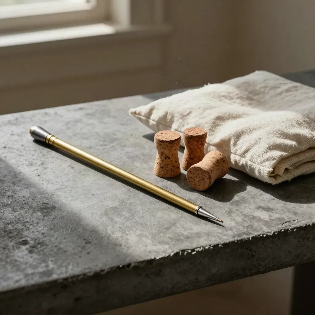 Brass pointer, cork markers and folded linen on concrete, arranged like a strategy workshop plan.