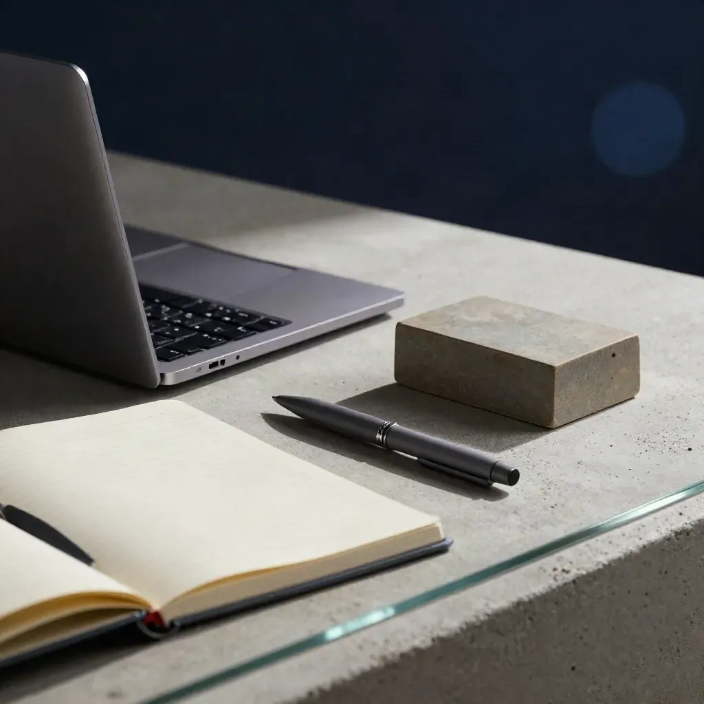 Closed laptop, notebook, pen, and ceramic prototype block on concrete with glass foreground.