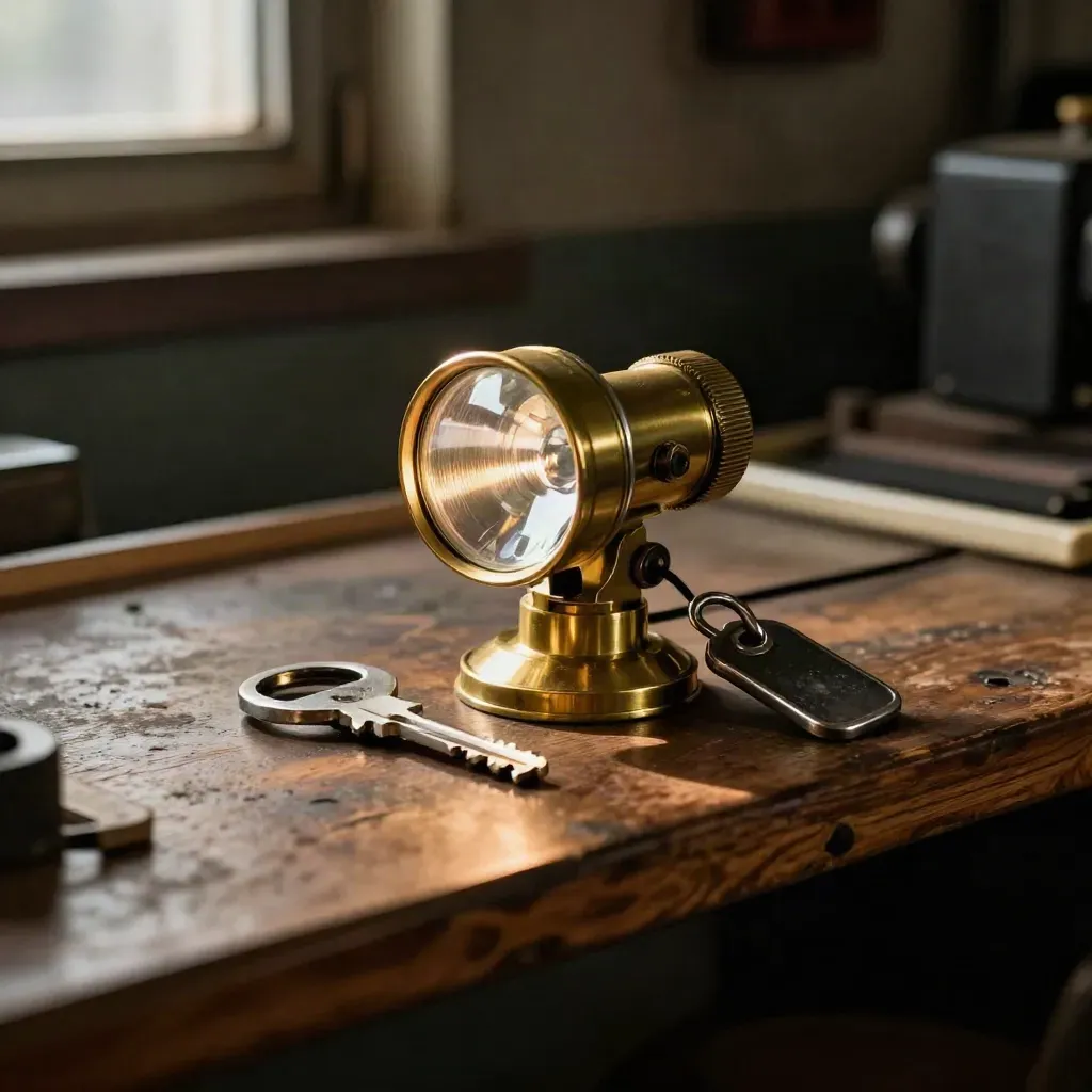 Brass rail inspection lamp with safety key and lockout tag on a dark bench.