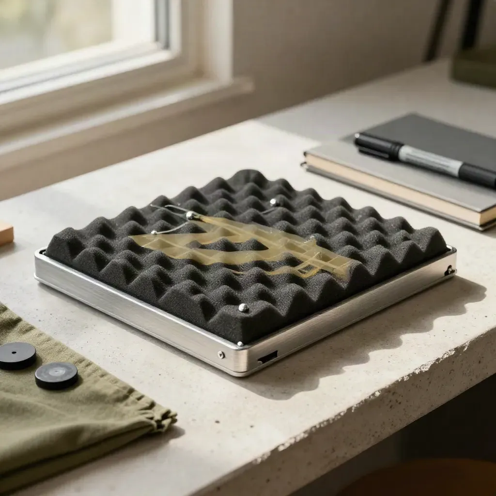 Prototype board, folded notebook and marker on a concrete bench in soft daylight.
