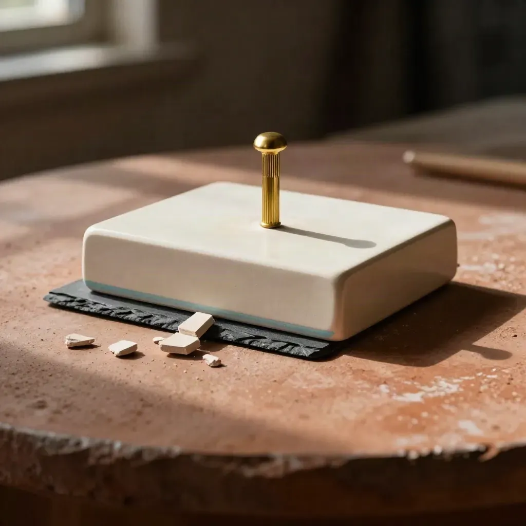 Ceramic model block, brass pin and frosted spacer on terracotta plaster, lit from upper left.