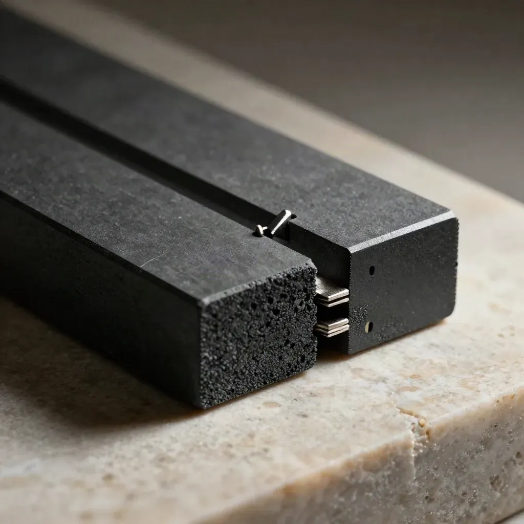 Graphite modular blocks bridged by a metal connector on pale stone.