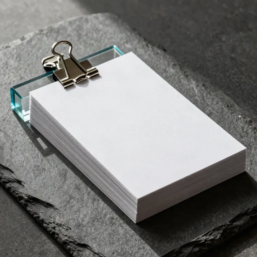 Top-down still life of matte cards, steel clips and a frosted acrylic spacer on stone.