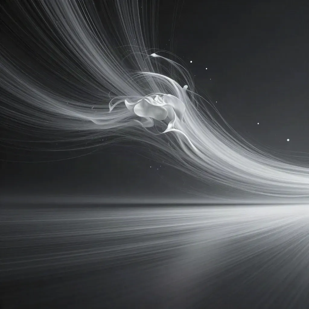 Silver light filaments converge into a soft bloom in a dark graphite void.