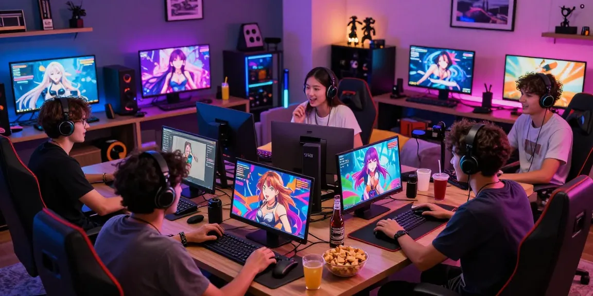 Dynamic scene showcasing gamers enjoying popular game ecchi titles in a lively atmosphere.