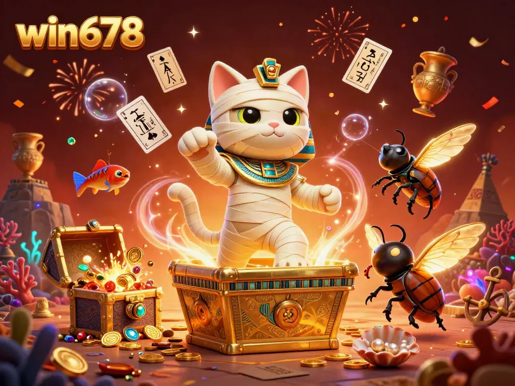 Experience the vibrant gaming adventure of win678 with a dynamic Egyptian mummy cat and scarab beetle in a casino