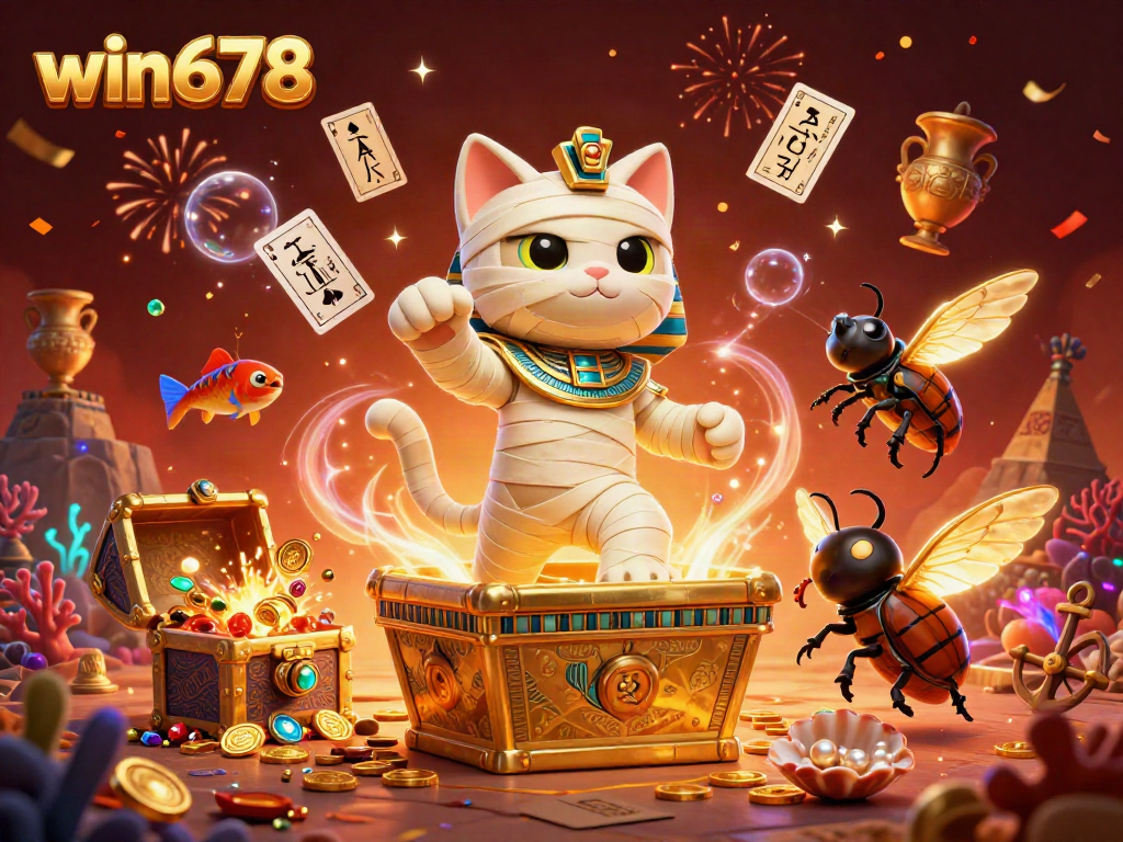 Experience the vibrant gaming adventure of win678 with a dynamic Egyptian mummy cat and scarab beetle in a casino