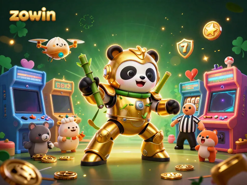 Engage in thrilling casino action with zowin's golden panda piloting a robotic arena champion.