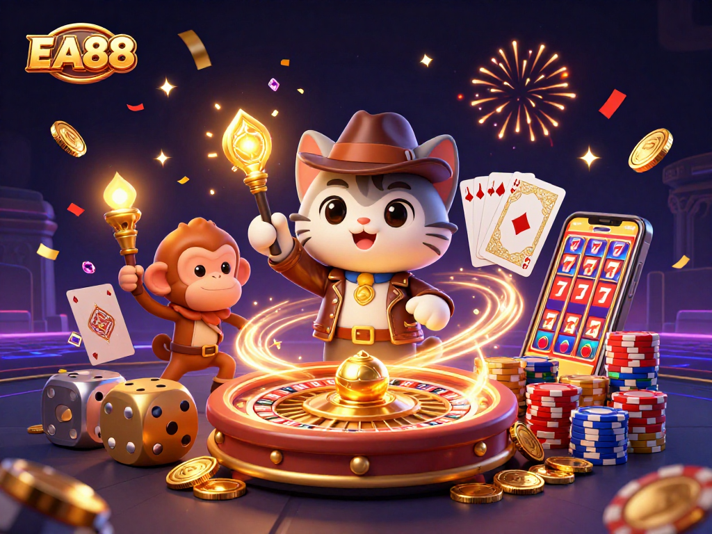 Experience the excitement of EA88 as the explorer cat uncovers golden treasures in a vibrant casino scene.