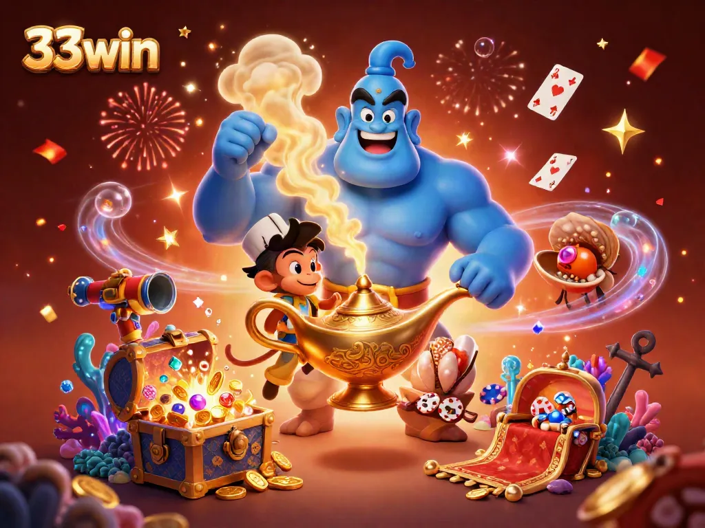 Experience thrilling wins at 33win with a vibrant 3D illustration featuring a genie, magic carpet, and festive casino elements.