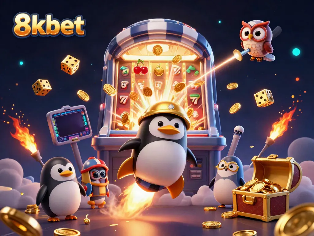 8xbet logo showcases a golden penguin in a casino-themed galaxy filled with slot machines and jackpots.