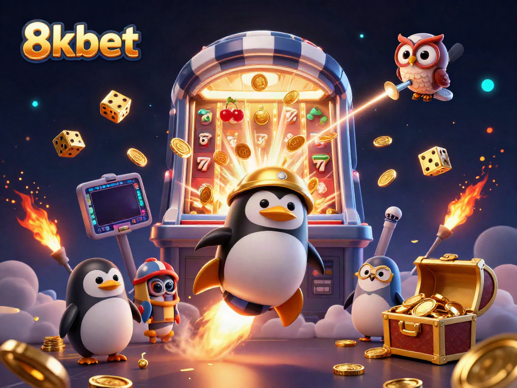 8xbet logo showcases a golden penguin in a casino-themed galaxy filled with slot machines and jackpots.
