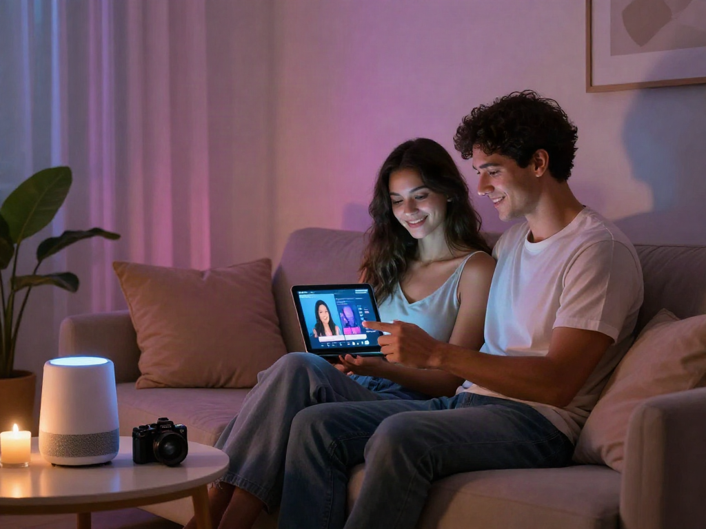 Couple enjoying ai sex experience on tablet in cozy setting, intimate atmosphere.