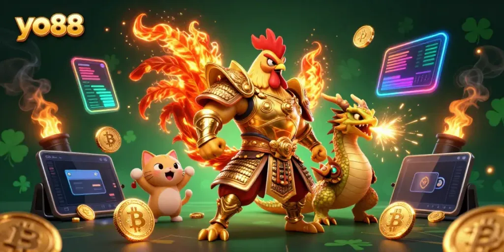 Experience thrilling action at yo88 with a rooster warrior, dragon hatchling, and crypto coins in vibrant 3D.