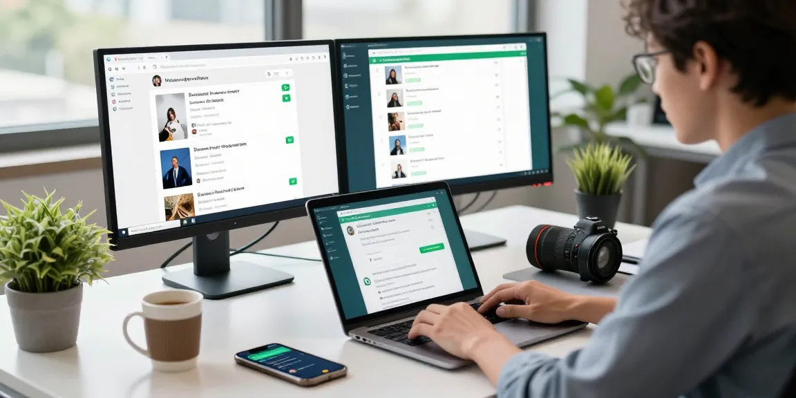 Using WhatsApp電腦版 in a modern office workspace with dual monitors.
