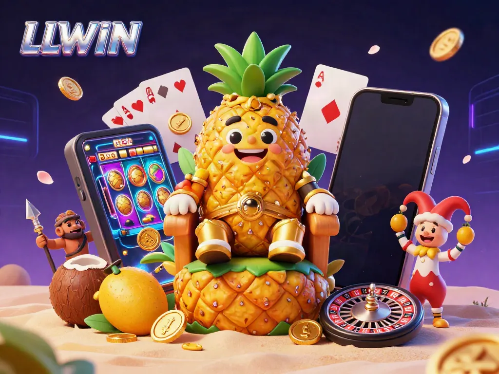 LLWIN features a vibrant casino scene with a golden pineapple king surrounded by dynamic gaming elements.