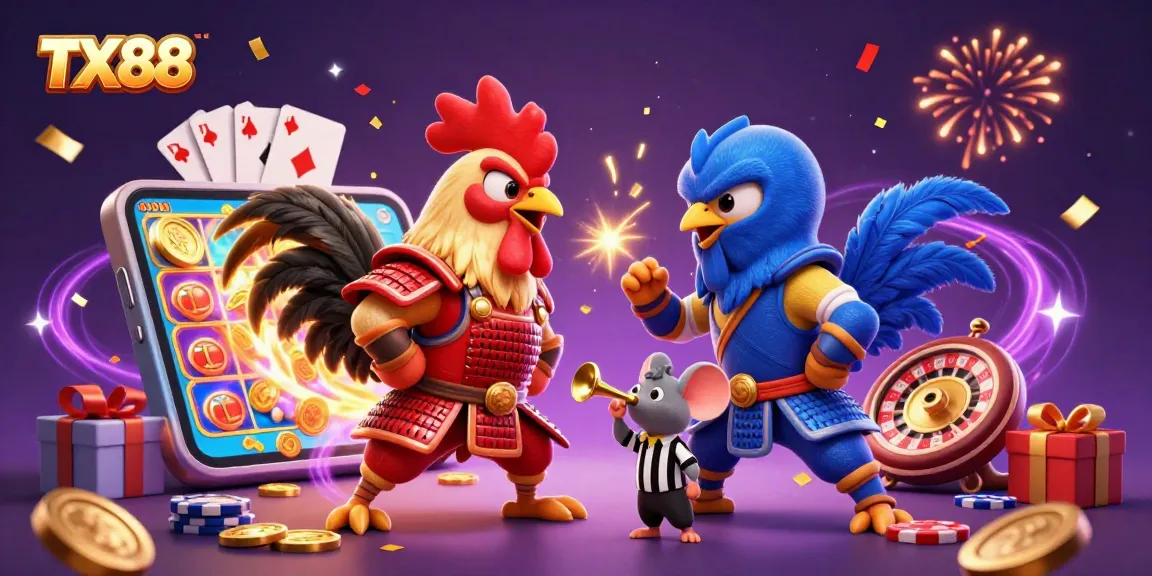 Get ready for action with TX88 as fighting roosters face off amidst a bustling casino scene!