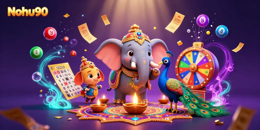 Nohu90 offers immersive gaming experiences with vibrant elements including lottery balls, and a casino elephant.