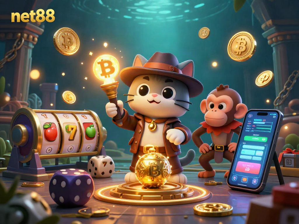 Engage in thrilling casino action with net88, featuring a cat archaeologist in an adventure-rich illustration.