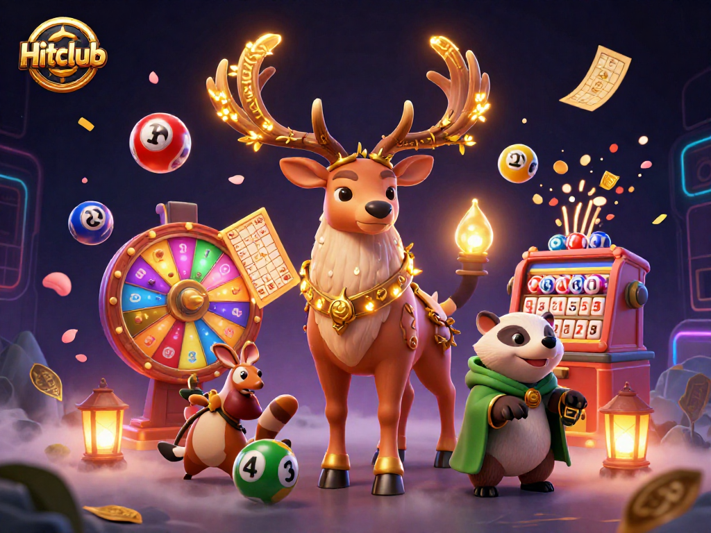 Hitclub showcases dynamic gambling elements with a vibrant 3D illustration of lucky characters and casino games.