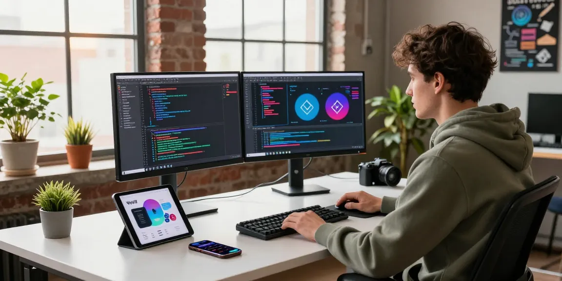 Web3 developer coding in a modern workspace with dual monitors showcasing interactive blockchain diagrams and tech gadgets.