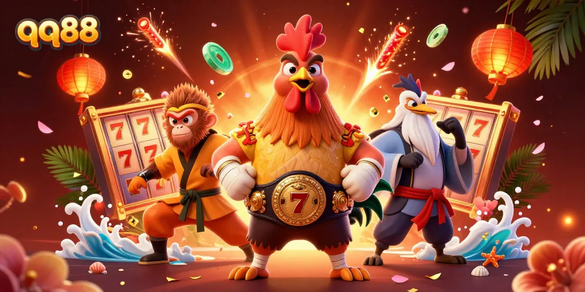 Engage with qq88's immersive casino atmosphere featuring vibrant characters and slot elements.
