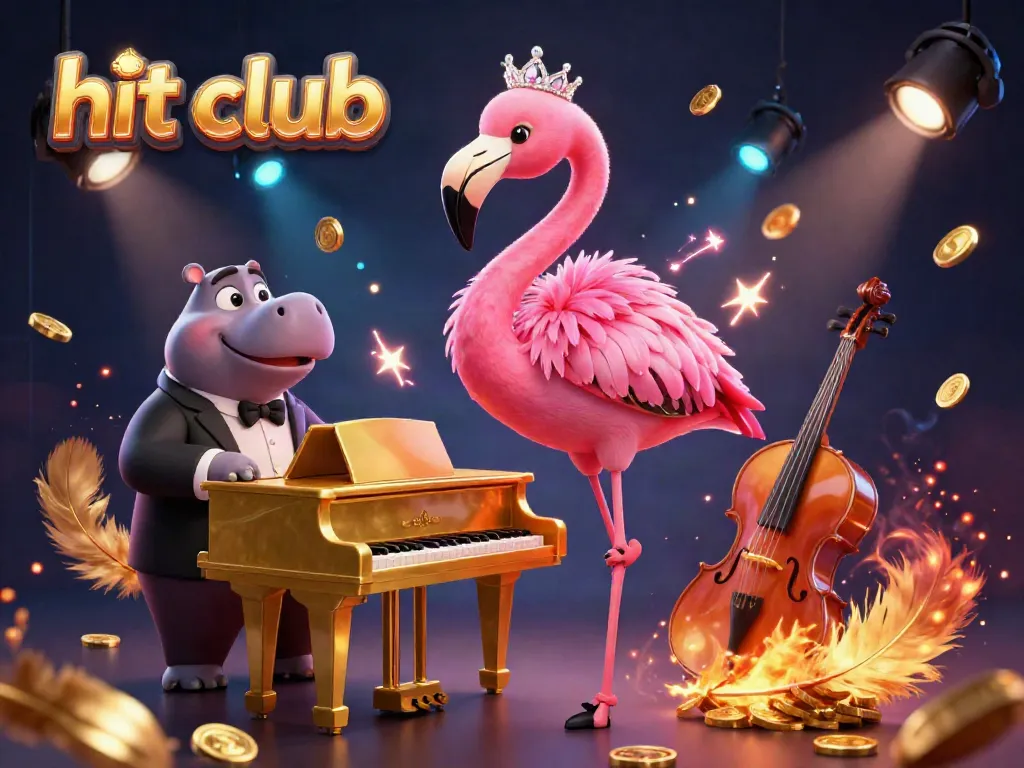 Experience the vibrant hit club atmosphere with a flamingo singer and hippo bassist in a lively casino setting.