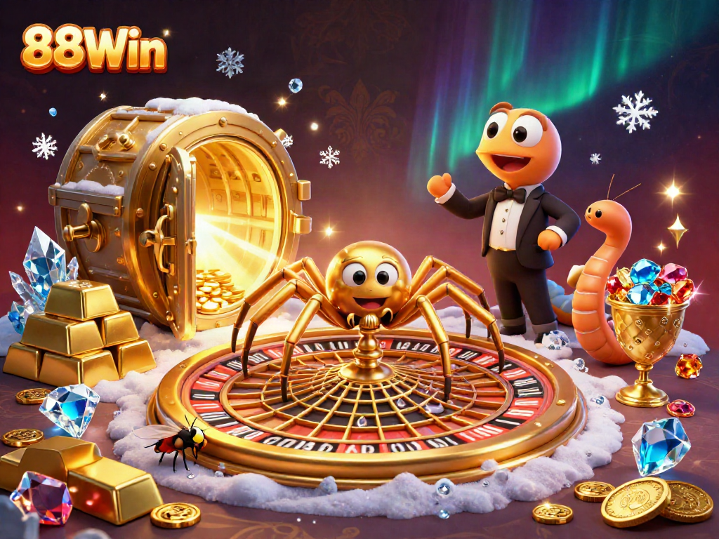 Engage with 88Win's thrilling gaming experience amidst vibrant casino-themed elements.