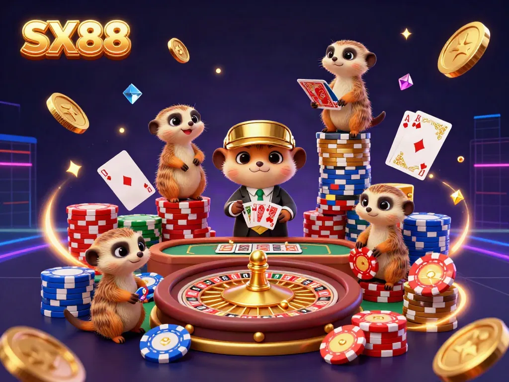 SX88 meerkat casino scene showcasing lively action with colorful elements and dynamic gaming atmosphere.