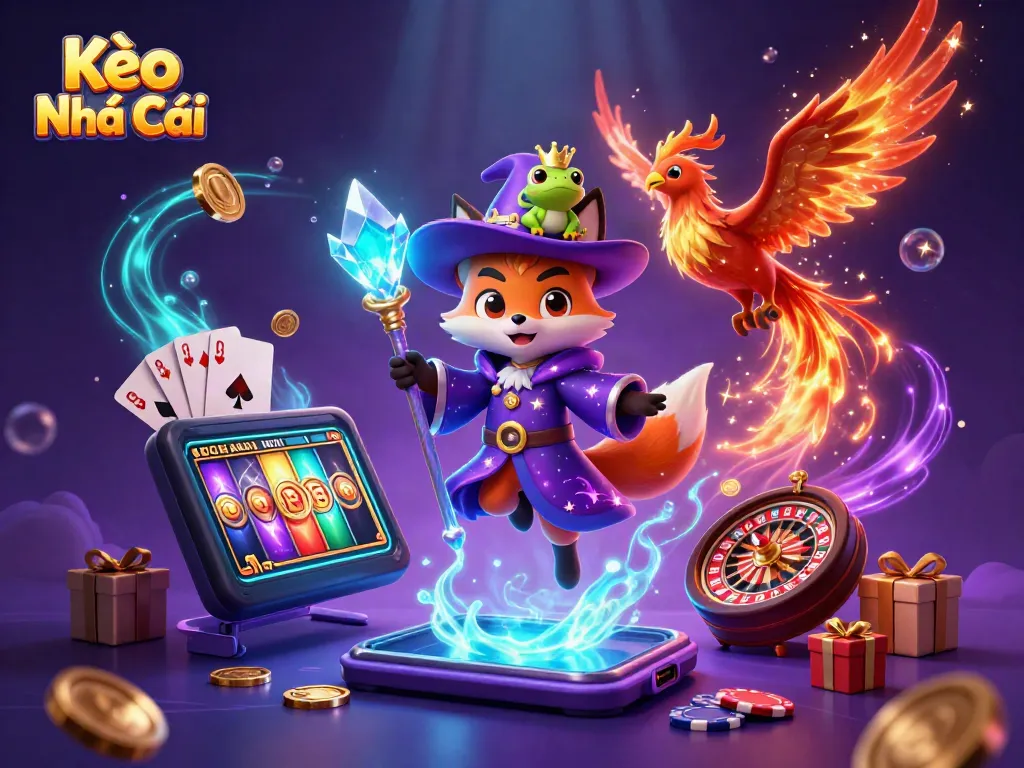 Experience the thrill of Kèo Nhà Cái with an enchanting wizard, phoenix, and gameplay elements.