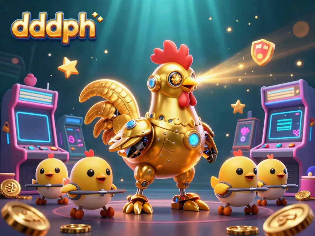Engage with dddph's thrilling gaming adventure featuring a laser-engraving rooster beside colorful arcade games.