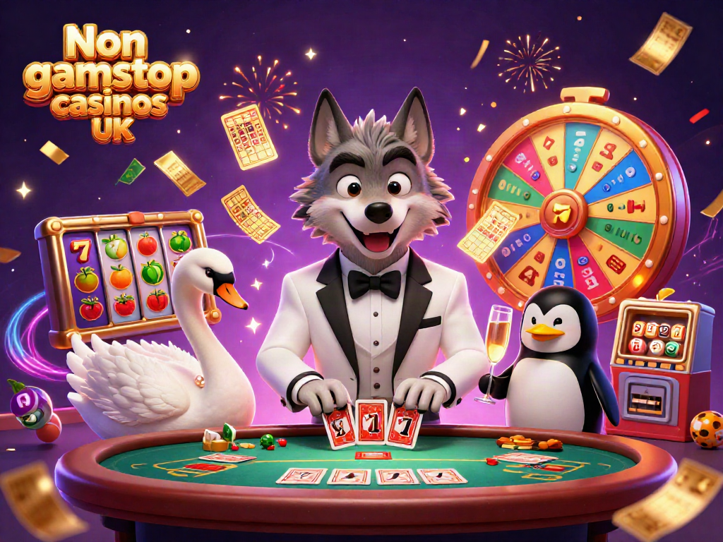 Engaging scene with Non gamstop casinos UK characters and vibrant gambling elements illustrating fun gaming.