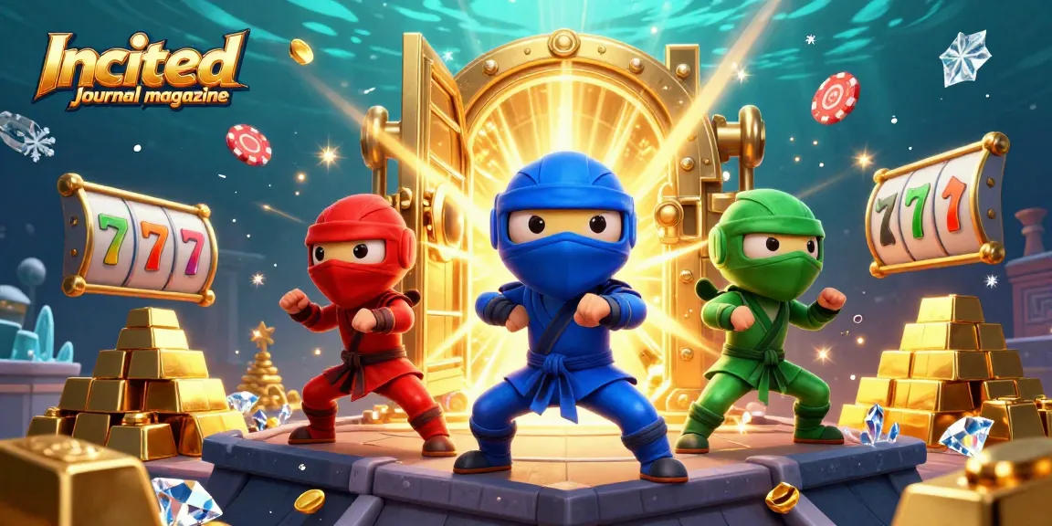 Engage with the Incited Journal magazine as three ninja chameleons celebrate riches in this vibrant casino scene.