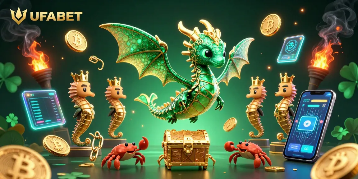Experience thrilling gambling action at UFABET with a vibrant 3D scene showcasing epic treasures and cryptocurrency.