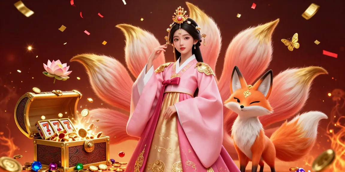 体验快连，图中是一位穿着奢华韩服的亚洲女性，幸运的狐狸，以及充满活力的3D插图中的动态赌场元素。
