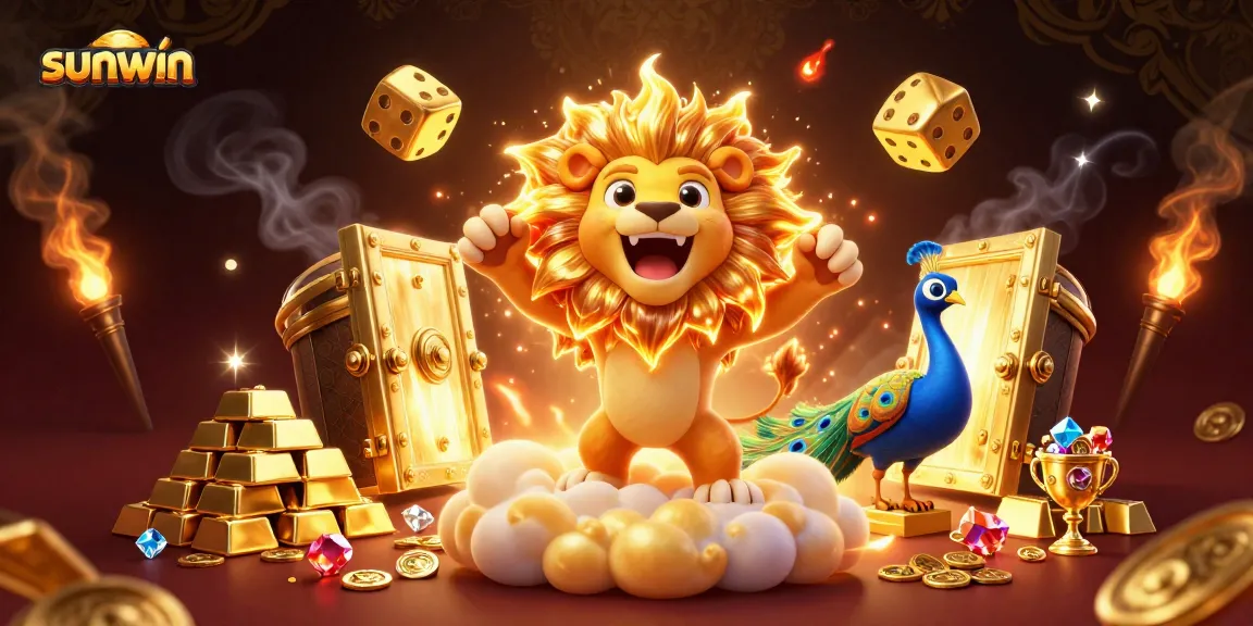 Experience the thrill of sunwin with a vibrant lion and golden dice in this thrilling casino scene.