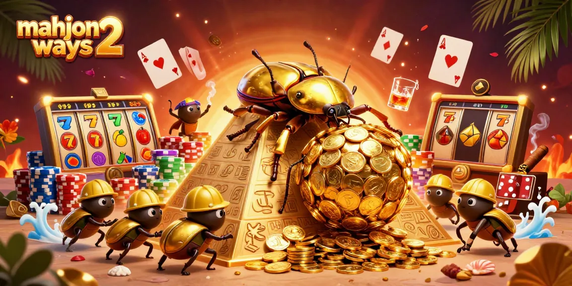 Engage with mahjong ways 2 action as golden beetles roll coins towards big wins in a vibrant slot casino!