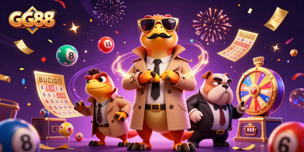 GG88 raptors in a trench coat enter casino while bouncer watches, colorful lottery elements surround.