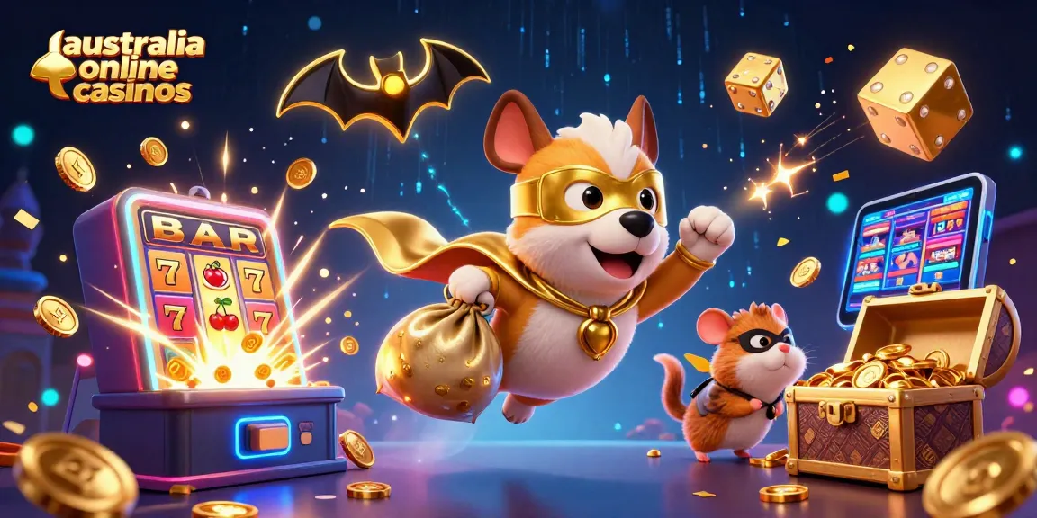 Play at Australia online casinos featuring a superhero dog flying with gold coins amidst exciting slot machine action.