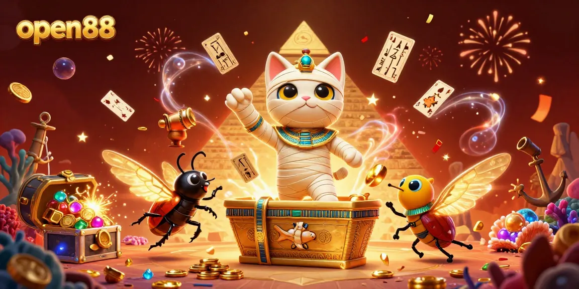 Experience thrilling action at open88 with a dynamic 3D scene featuring Egyptian themes and casino elements.