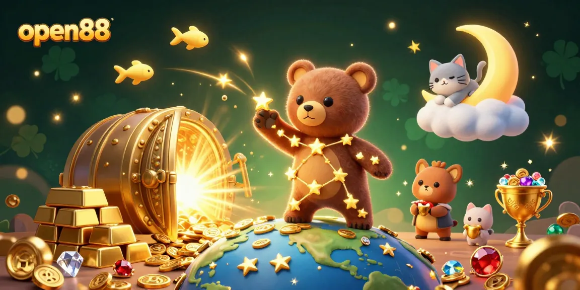 Scoop coins with open88 in a vibrant casino scene filled with treasures and dynamic characters.