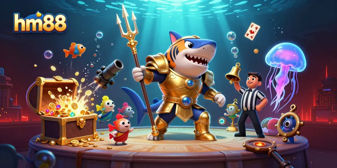 Engage in the vibrant underwater casino world of hm88 with a shark gladiator and exciting rewards.
