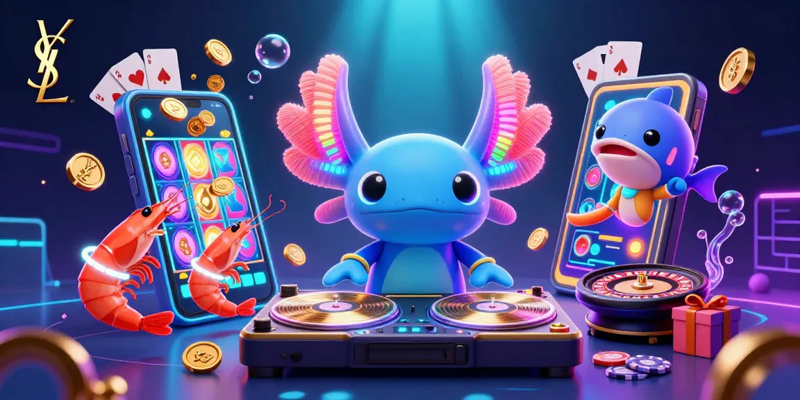 Engaging ysl casino scene with a colorful DJ axolotl and vibrant gaming elements.